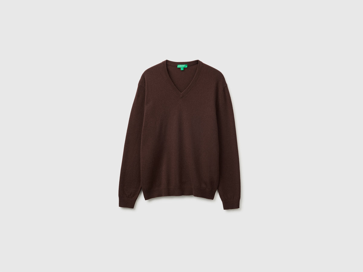 Camisola decote em V castanho-escuro em pura lã Merino - ucb_image_FS