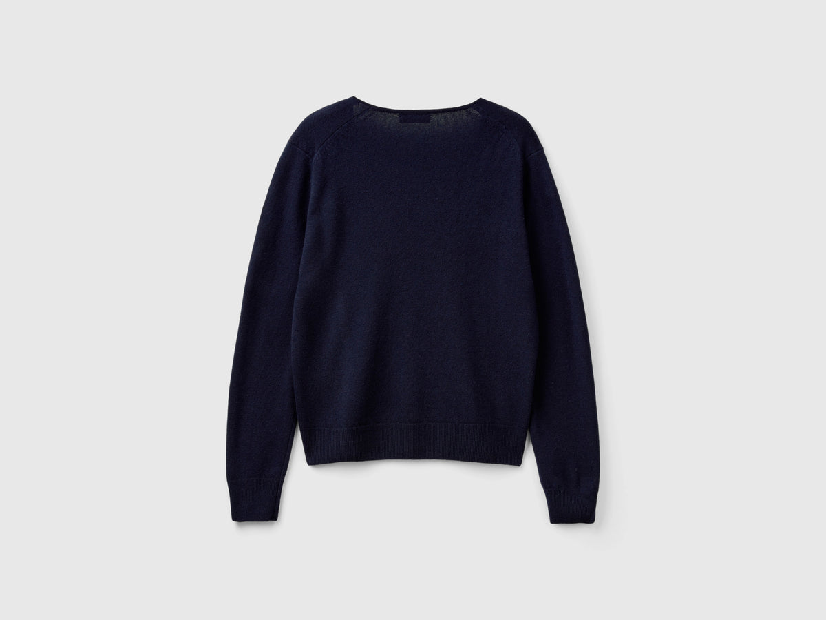 Camisola azul-escuro com decote em V em pura lã Merino - ucb_image_BS