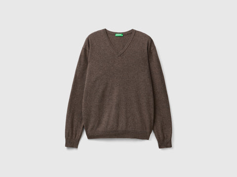 Camisola decote em V castanha em pura lã Merino - ucb_image_FS