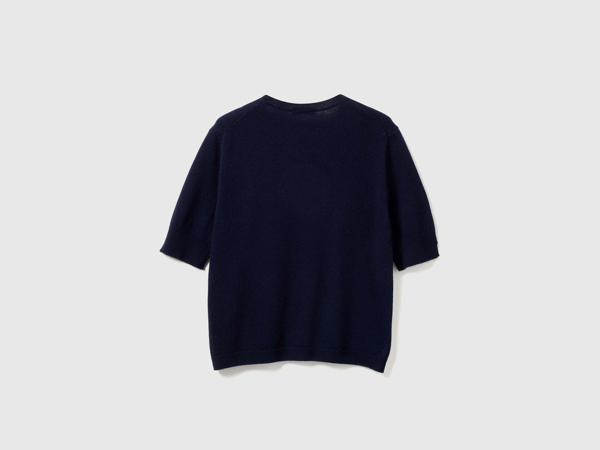 Camisola de manga curta azul-escuro em pura lã Merino - ucb_image_BS