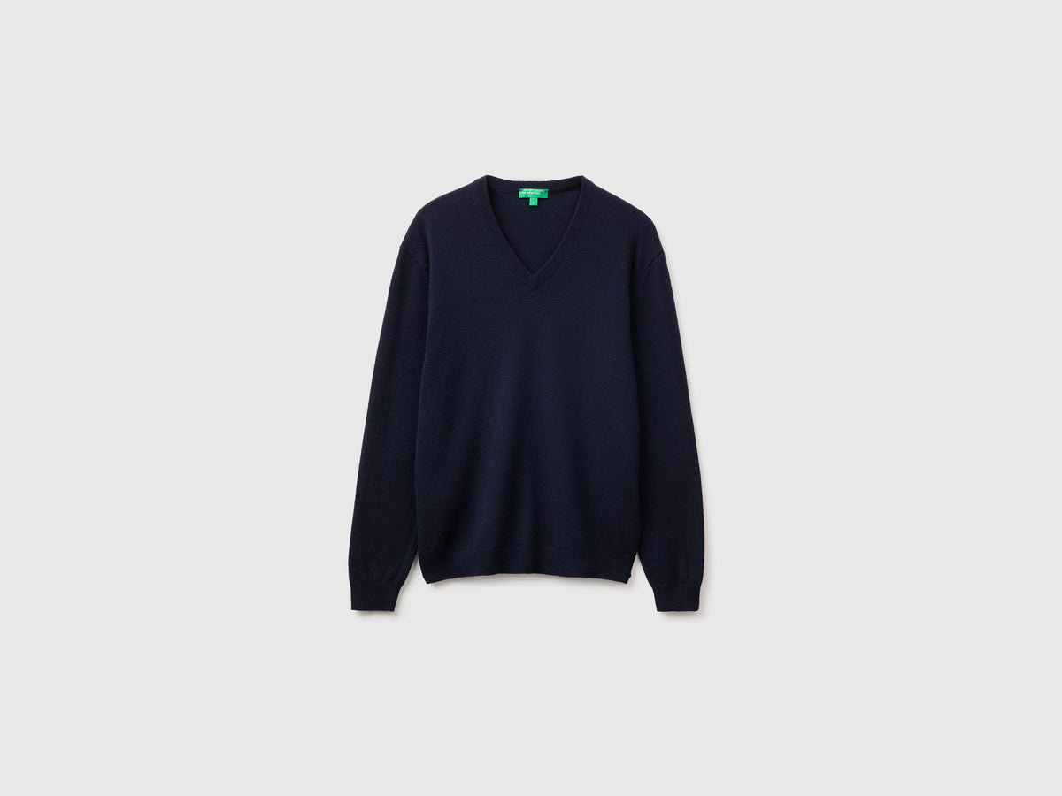 Camisola decote em V azul da meia-noite em pura lã Merino - ucb_image_FS