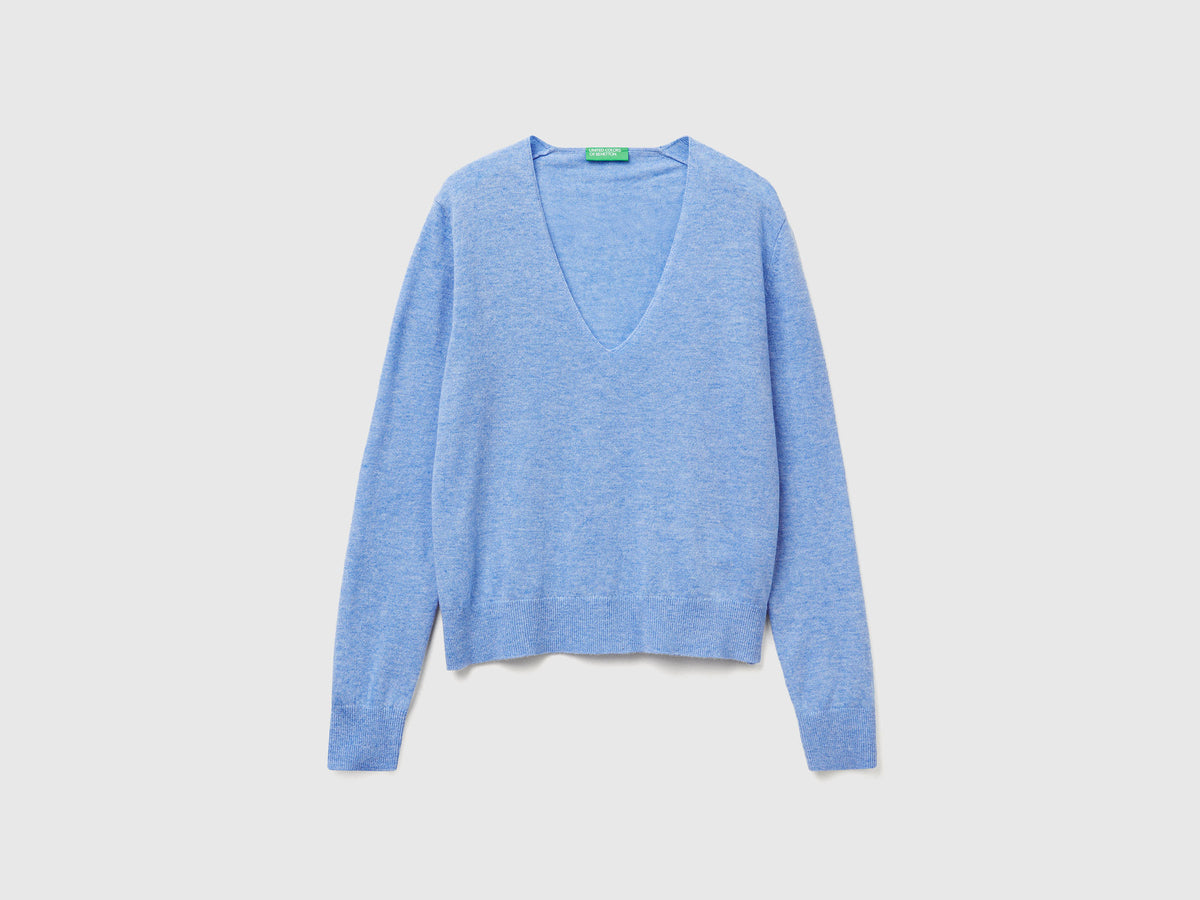 Camisola azul-claro com decote em V em pura lã Merino - ucb_image_FS
