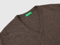 Camisola decote em V castanha em pura lã Merino - ucb_image_DS1
