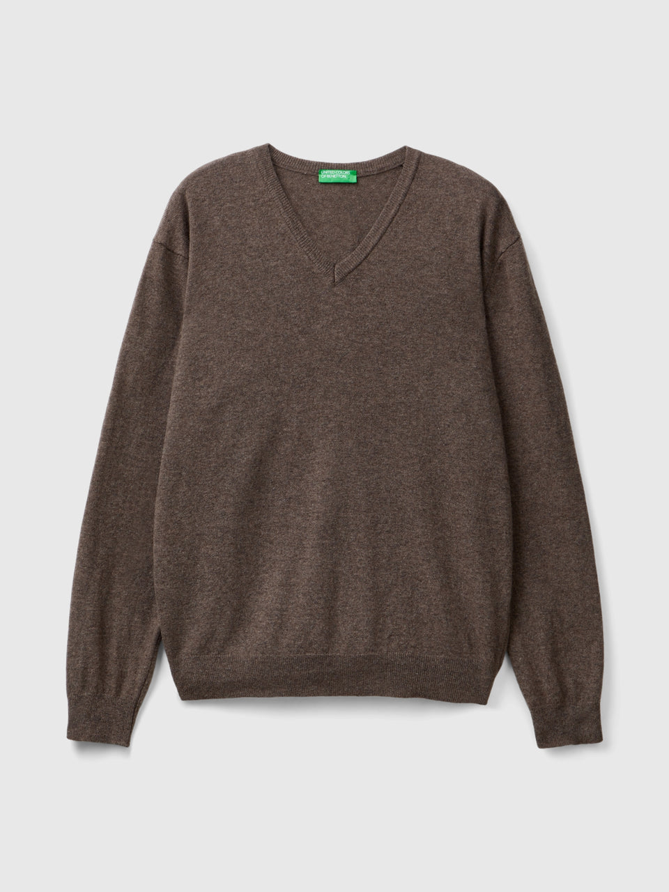 Camisola decote em V castanha em pura lã Merino - ucb_image_FS