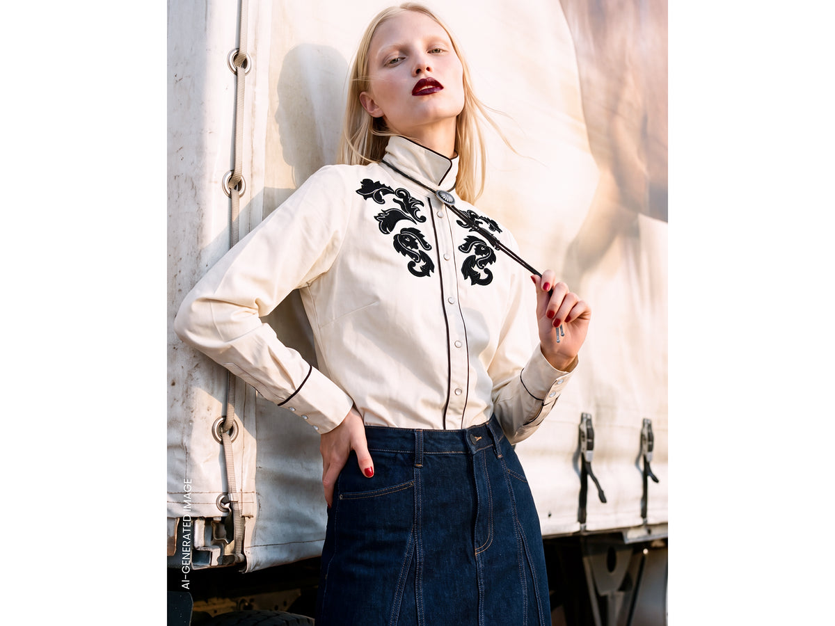 Stretch cotton shirt with western embroidery