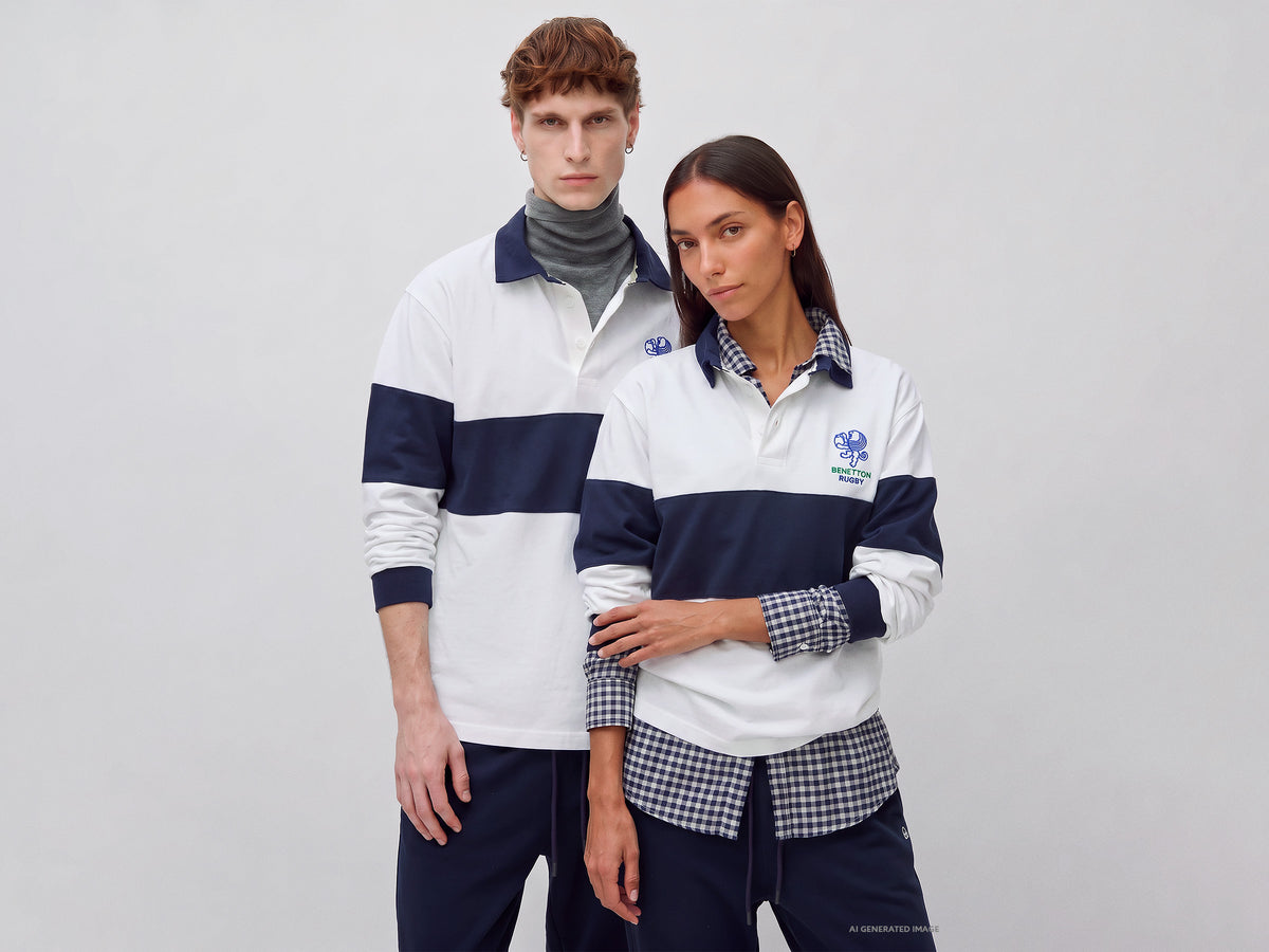 Polo branco e azul Benetton Rugby 100% algodão - ucb_image_F